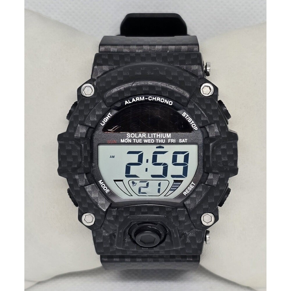 Men's Big Bold Face Digital Alarm Chron Black Carbon Pattern Resin Band Watch 08